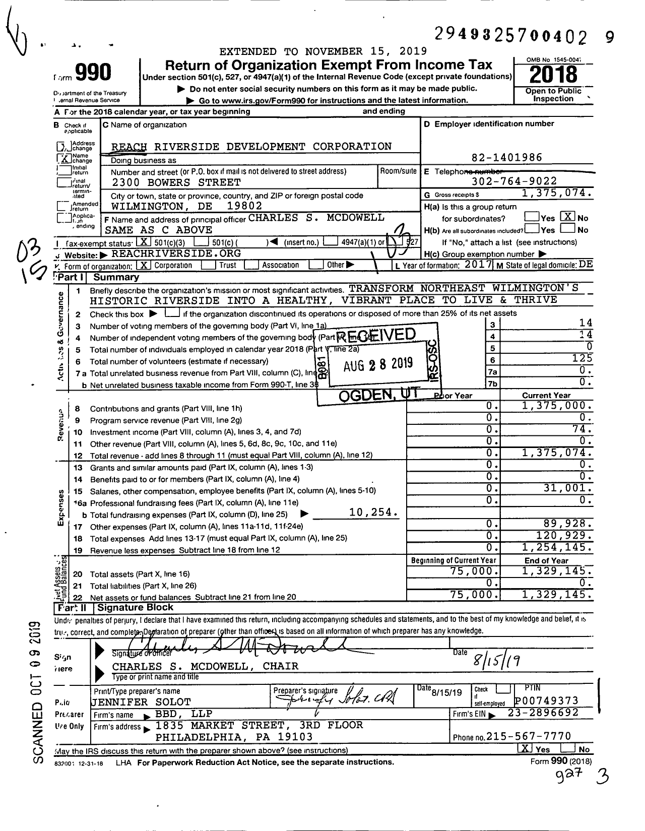 Image of first page of 2018 Form 990 for Reach Riverside Development Corporation