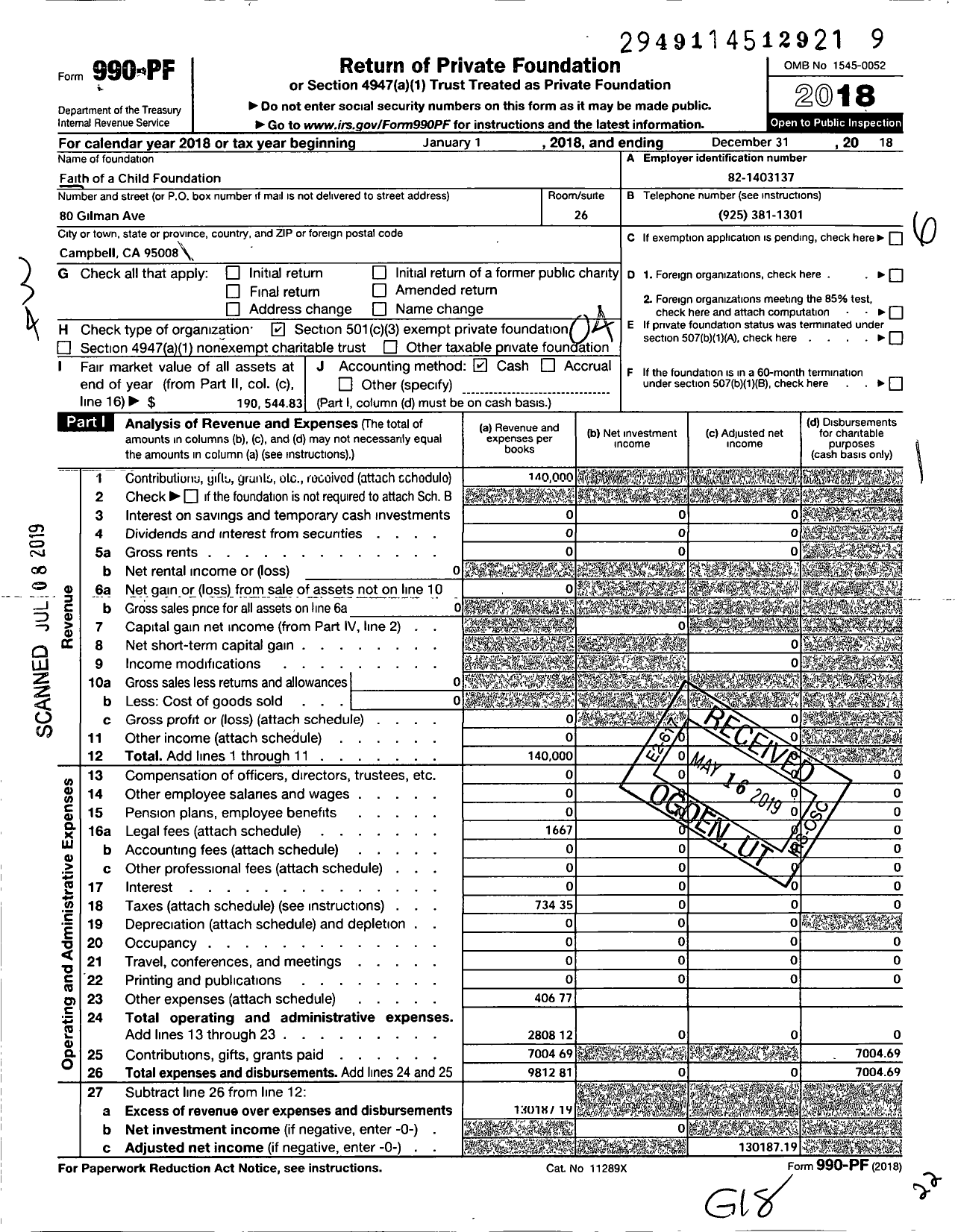 Image of first page of 2018 Form 990PF for Faith of A Child Foundation