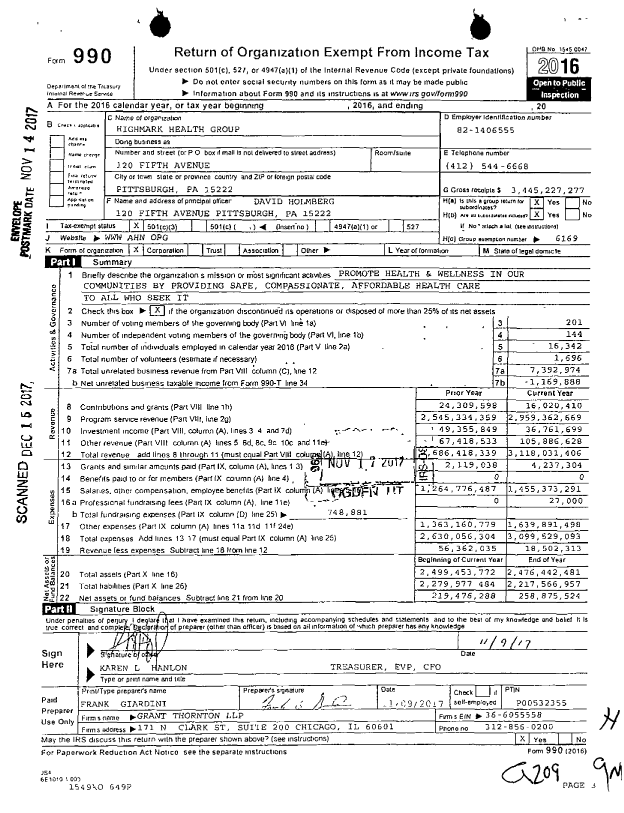 Image of first page of 2016 Form 990 for Highmark Health Group