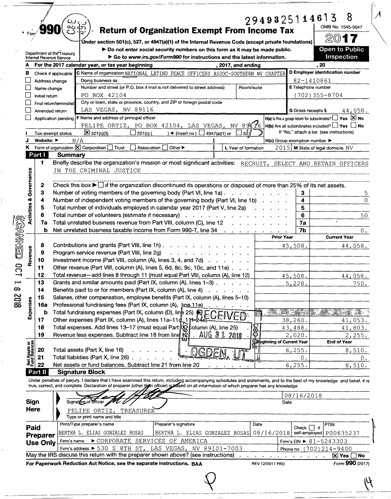 Image of first page of 2017 Form 990 for National Latino Peace Officers Assoc-Southern Nevada Chapter