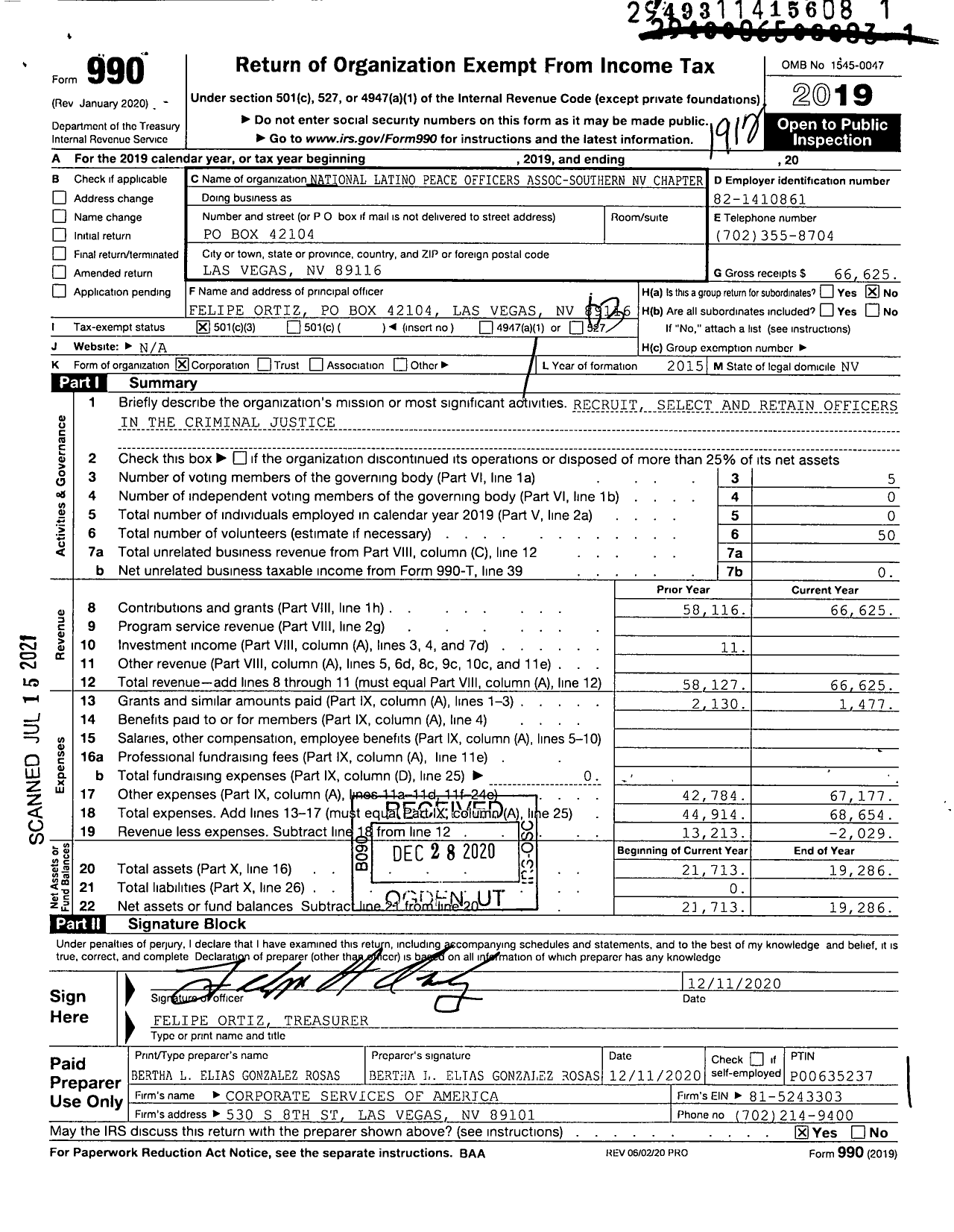 Image of first page of 2019 Form 990 for National Latino Peace Officers Assoc-Southern Nevada Chapter