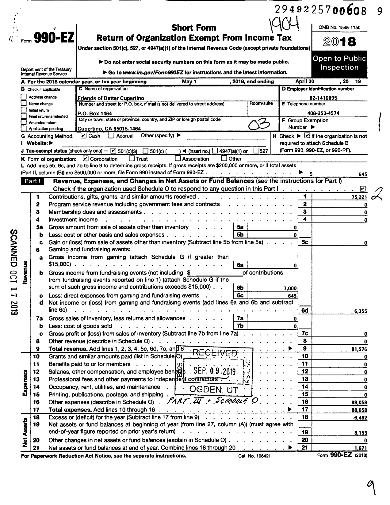 Image of first page of 2018 Form 990EZ for Friends of Better Cupertino