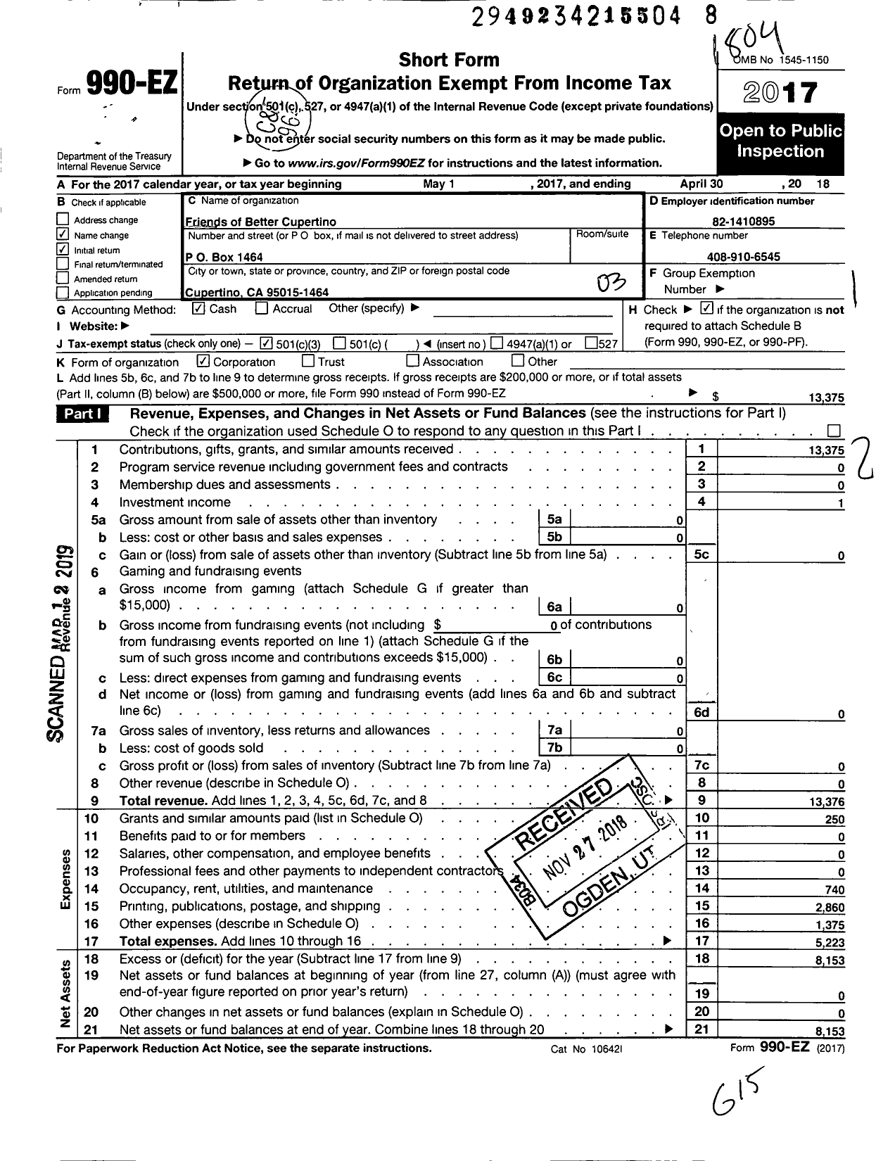 Image of first page of 2017 Form 990EZ for Friends of Better Cupertino