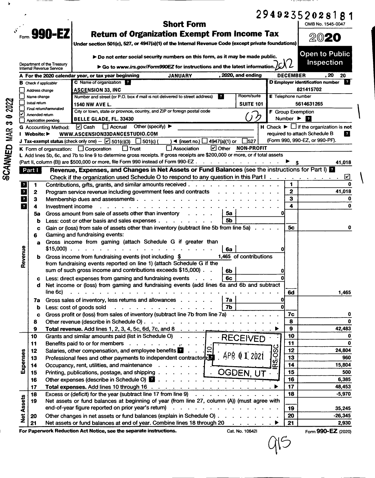 Image of first page of 2020 Form 990EZ for Ascension 33