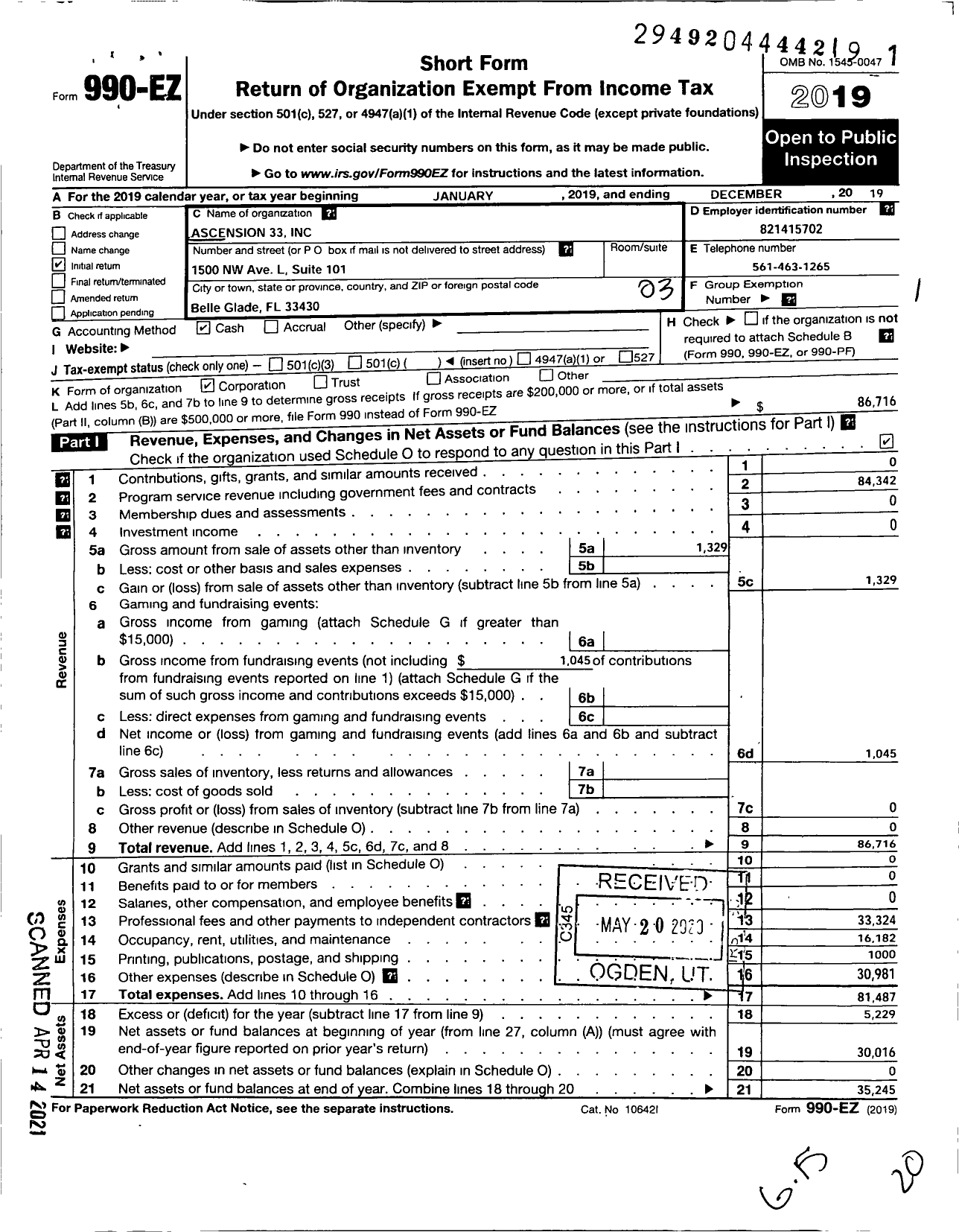 Image of first page of 2019 Form 990EZ for Ascension 33