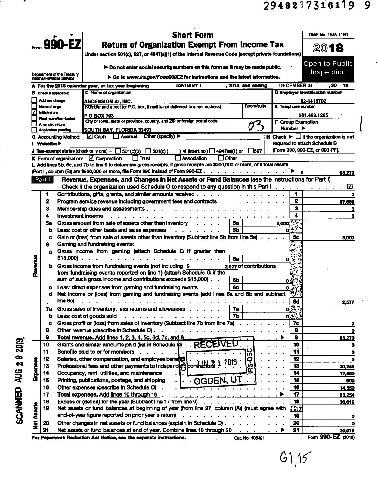 Image of first page of 2018 Form 990EZ for Ascension 33