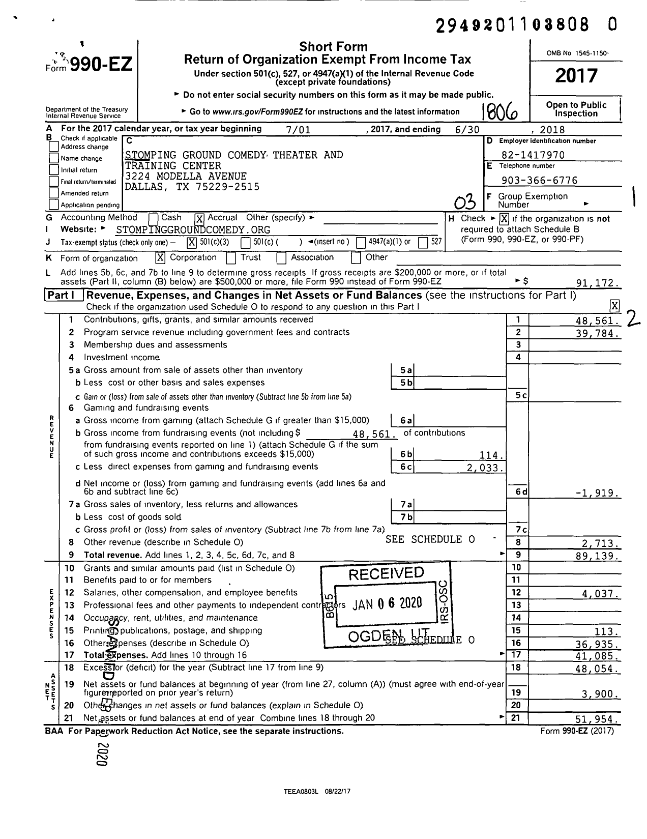 Image of first page of 2017 Form 990EZ for Stomping Ground Comedy Theater and Training Center