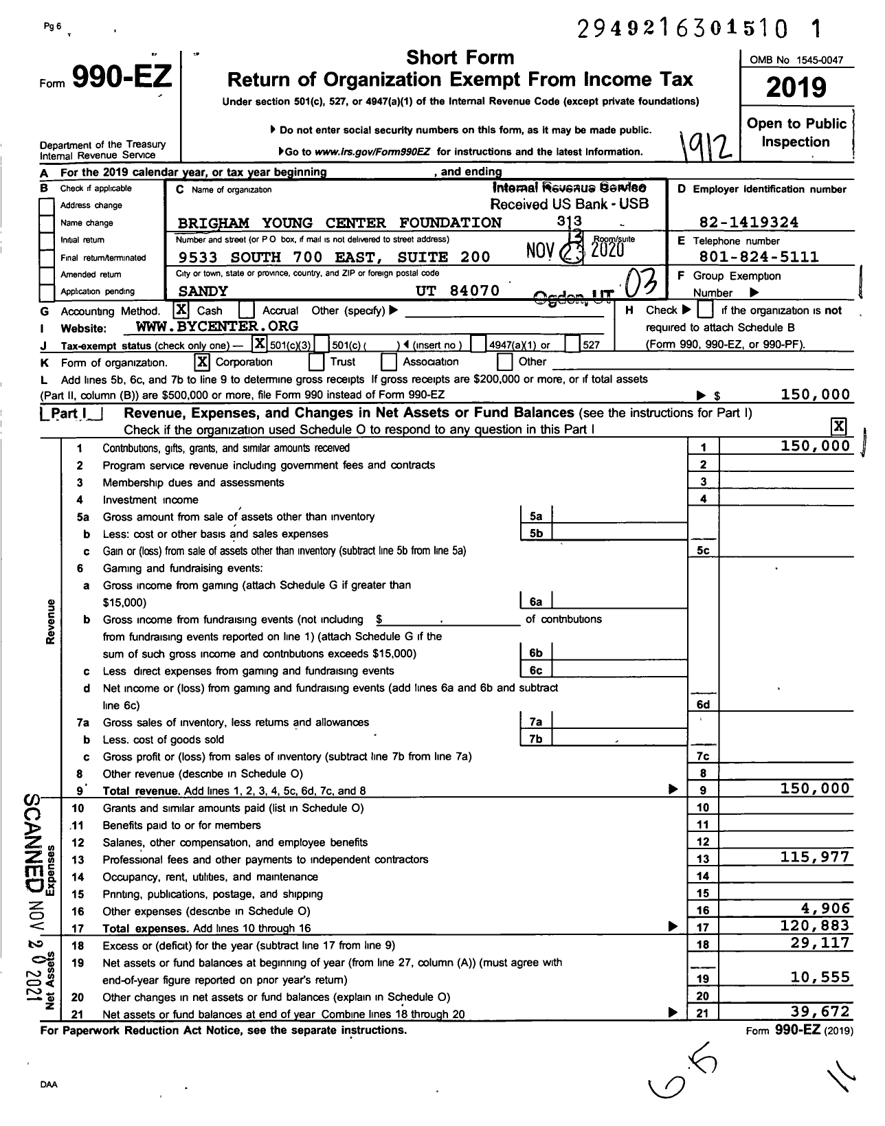 Image of first page of 2019 Form 990EZ for Brigham Young Center Foundation