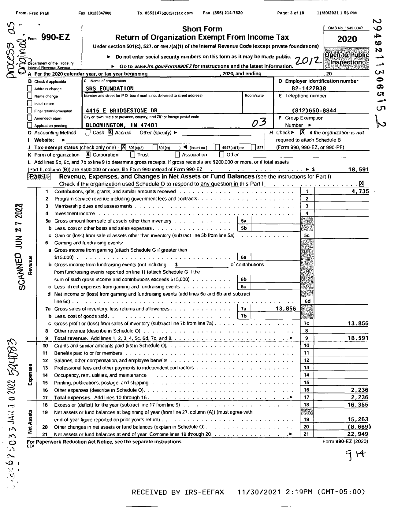 Image of first page of 2020 Form 990EZ for SRS Foundation