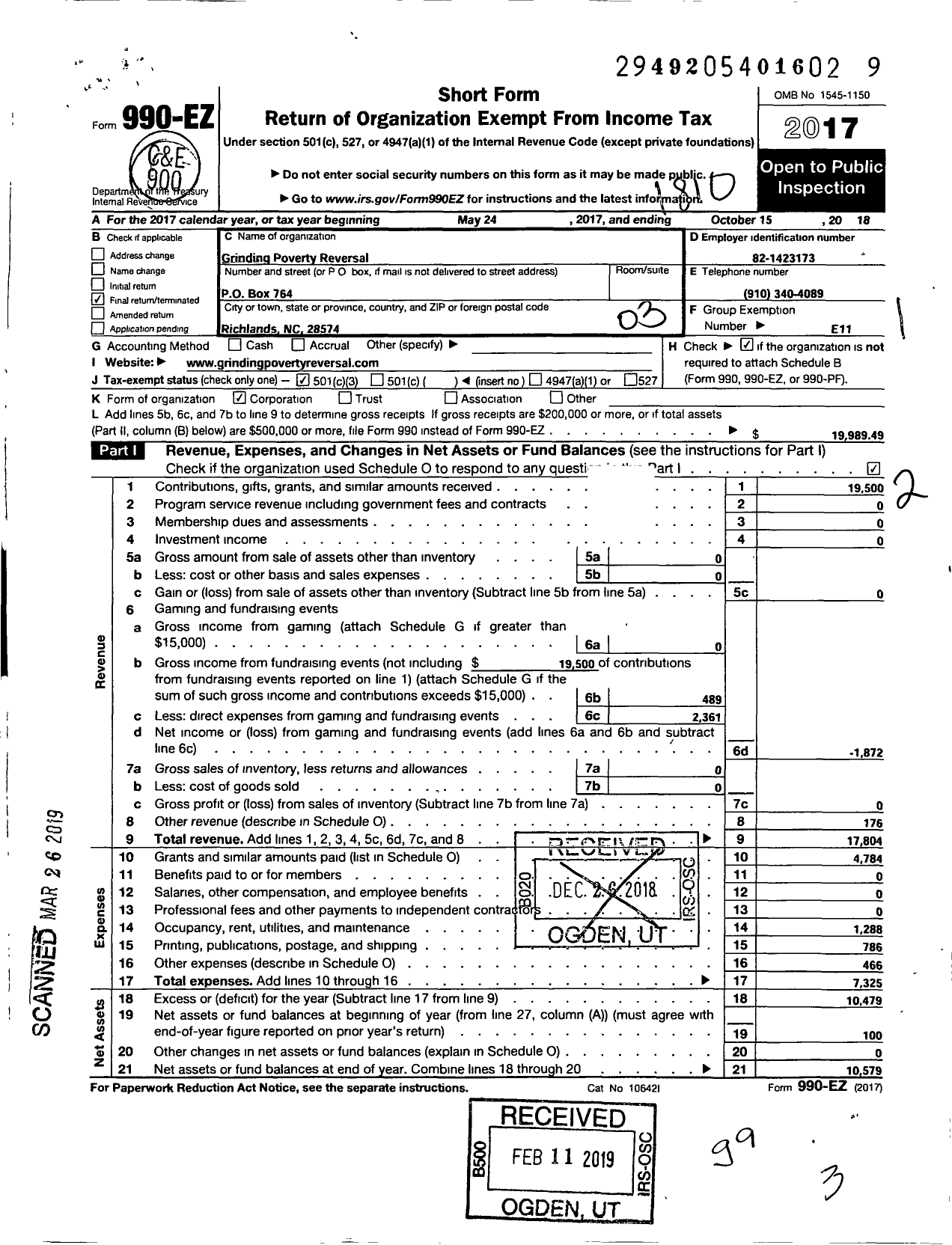 Image of first page of 2017 Form 990EZ for Grinding Poverty Reversal