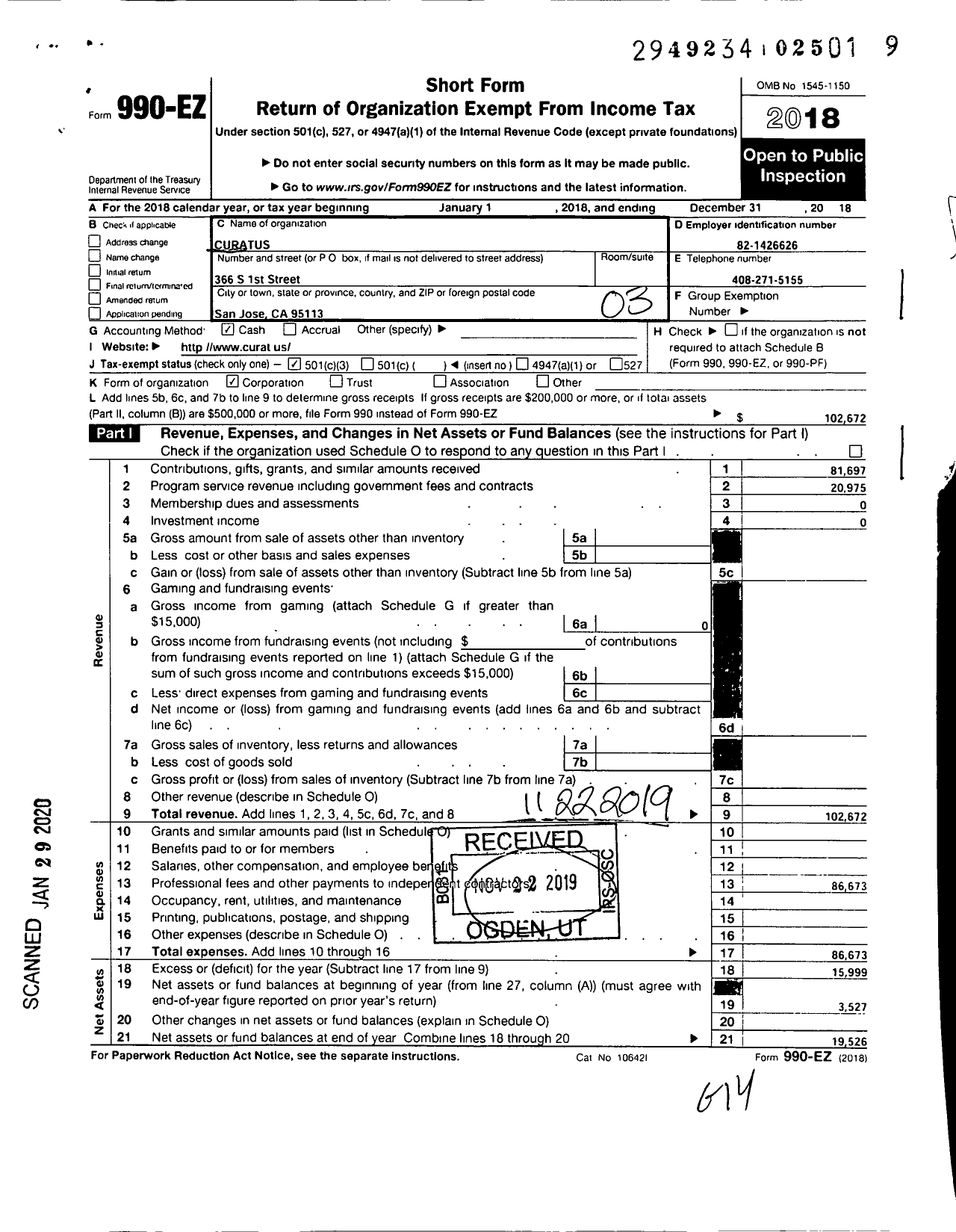 Image of first page of 2018 Form 990EZ for Curatus