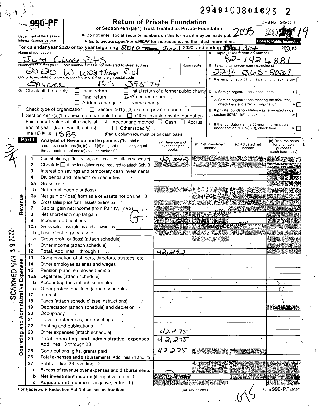 Image of first page of 2019 Form 990PF for Just Cause Pits