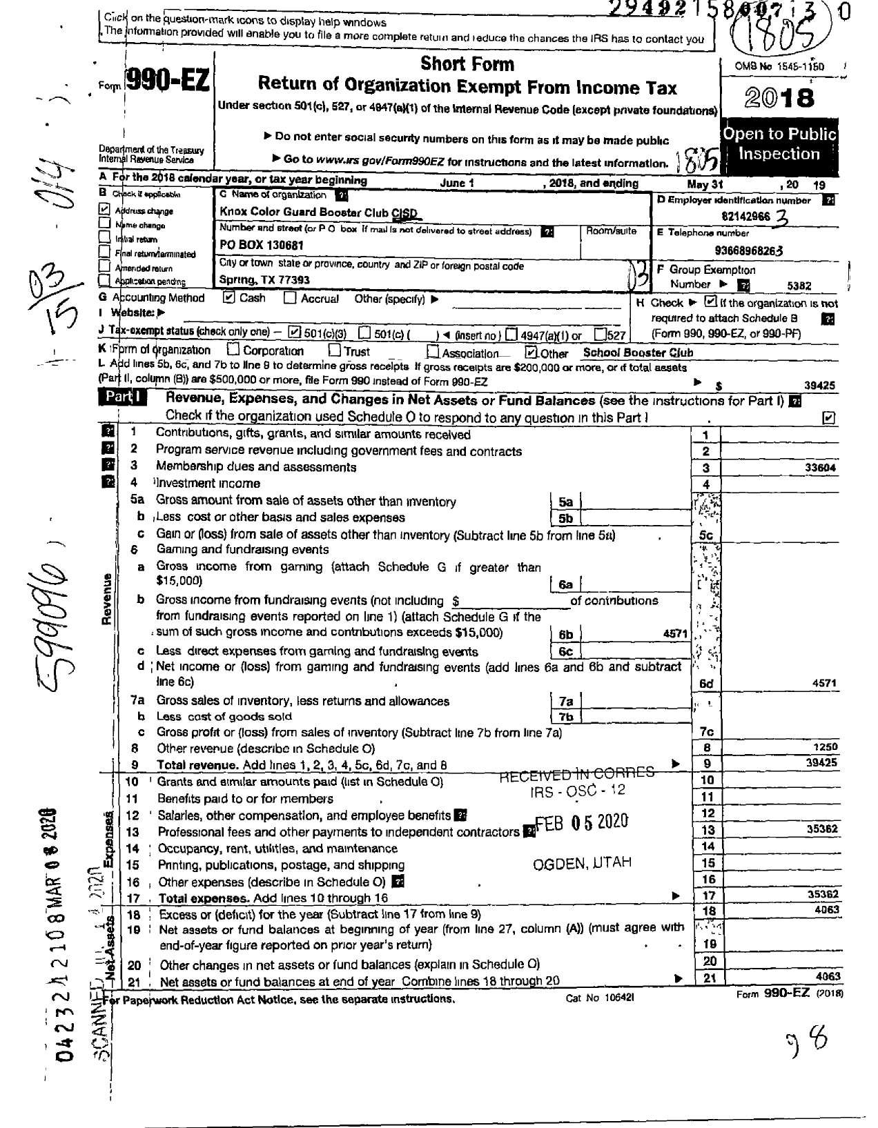 Image of first page of 2017 Form 990EZ for Cisd Educational Support Groups / Knox Color Guard Booster Club