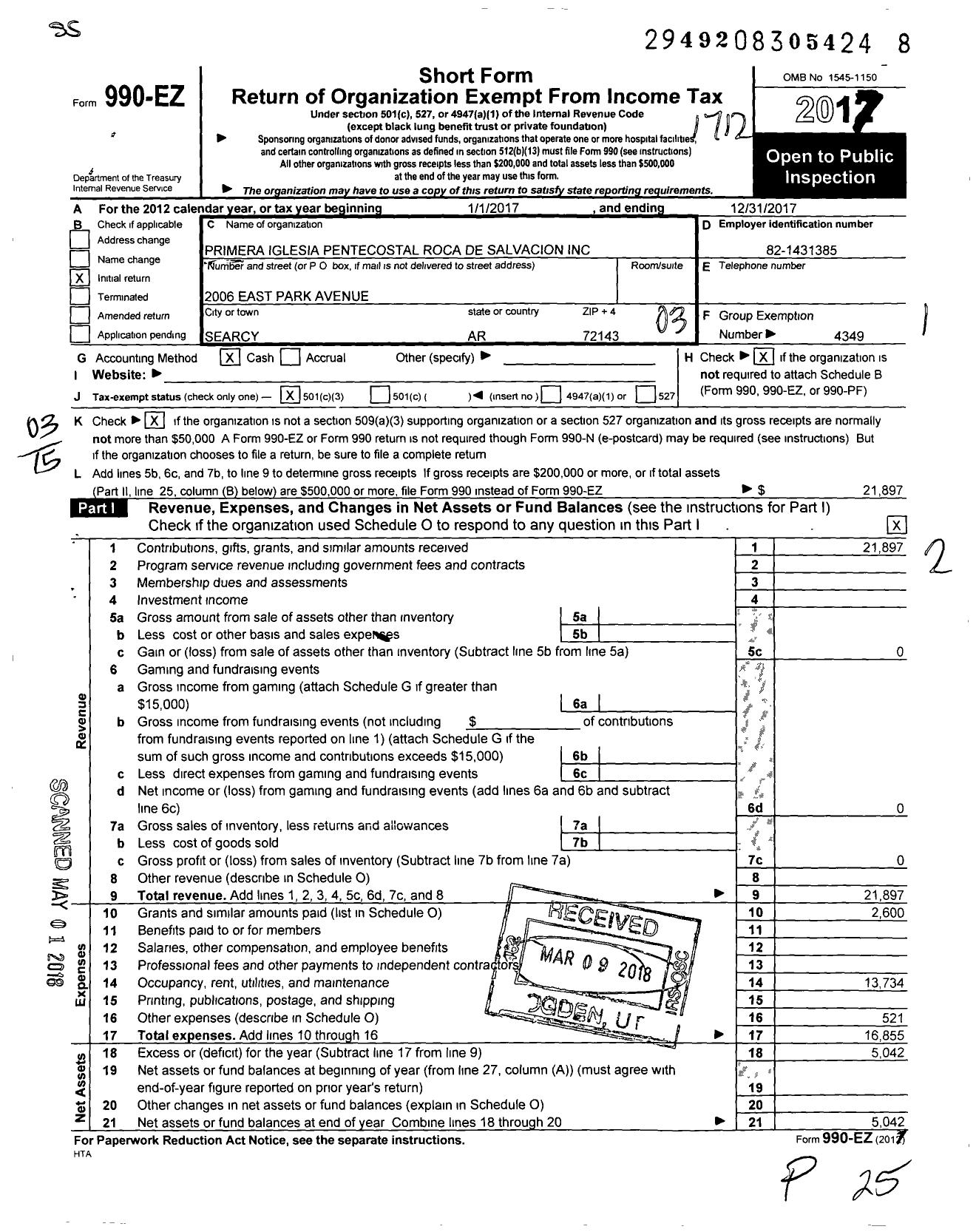 Image of first page of 2017 Form 990EZ for Primera Iglesia Pentecostal Roca de Salvacion