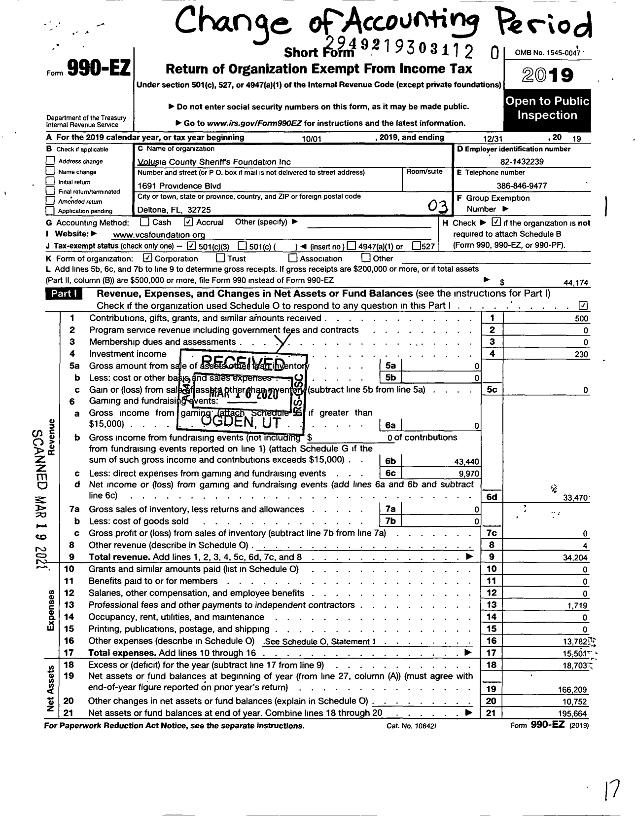 Image of first page of 2019 Form 990EZ for Volusia Sheriffs Foundation