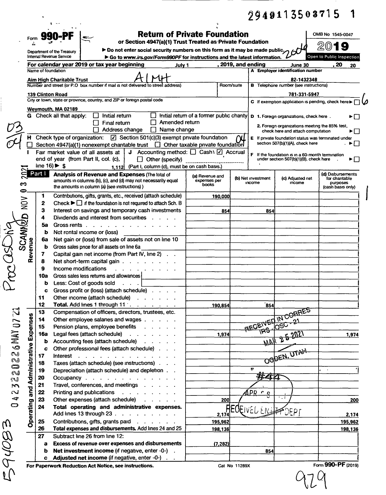 Image of first page of 2019 Form 990PF for Aim High Charitable Trust