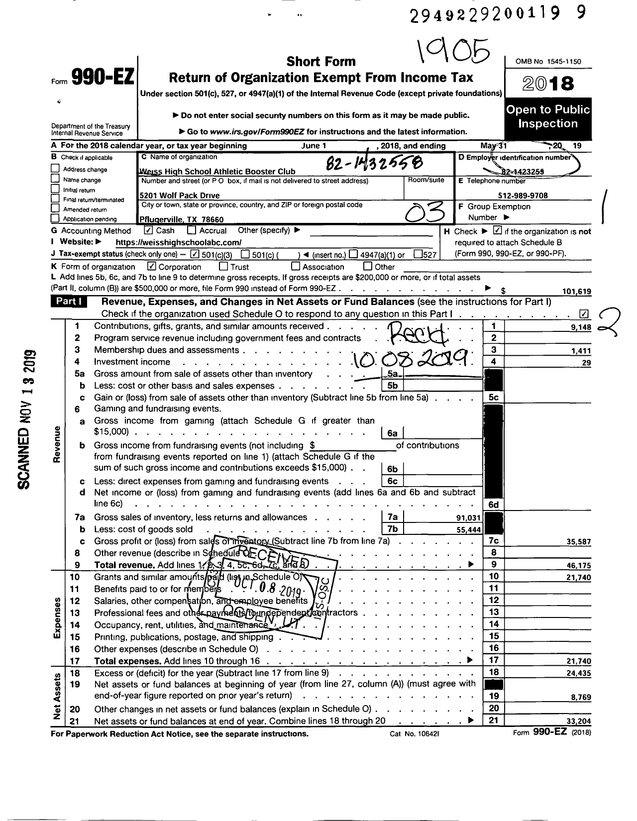 Image of first page of 2018 Form 990EZ for Weiss High School Athletic Booster Club