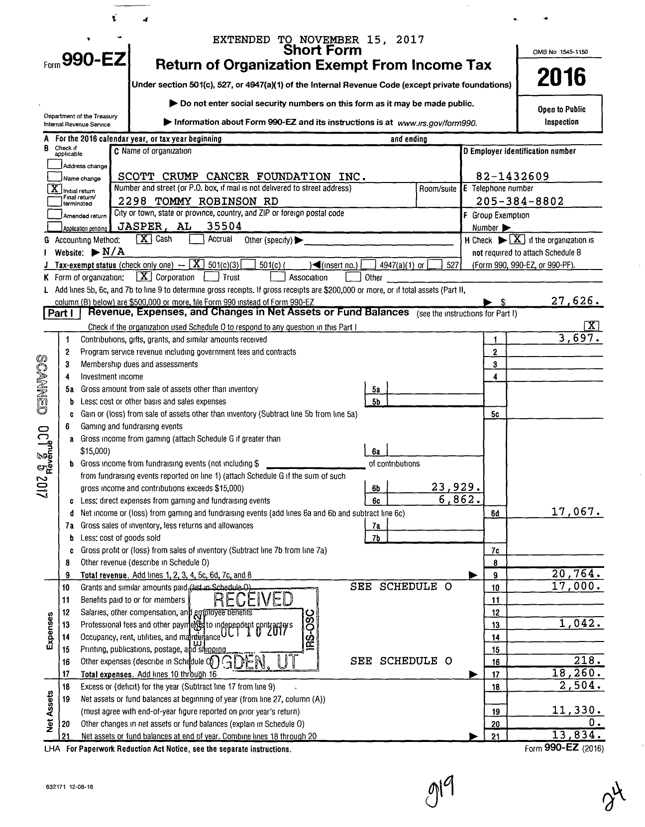 Image of first page of 2016 Form 990EZ for Scott Crump Cancer Foundation