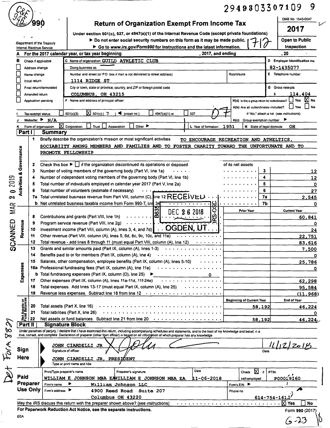 Image of first page of 2017 Form 990O for Guild Athletic Club