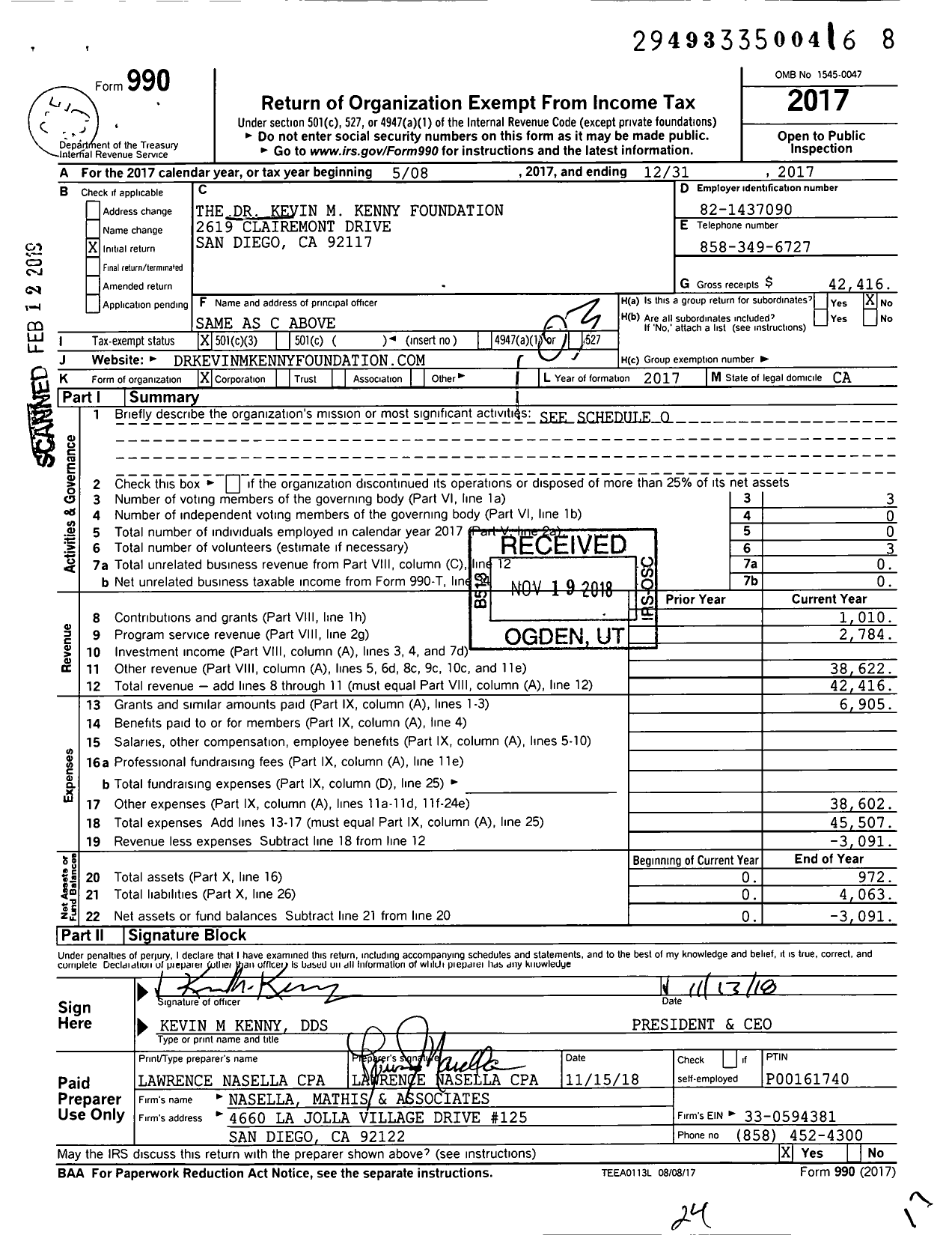 Image of first page of 2017 Form 990 for The Dr Kevin M Kenny Foundation