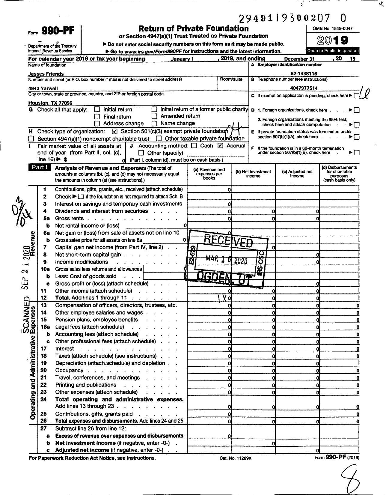 Image of first page of 2019 Form 990PR for Jesses Friends