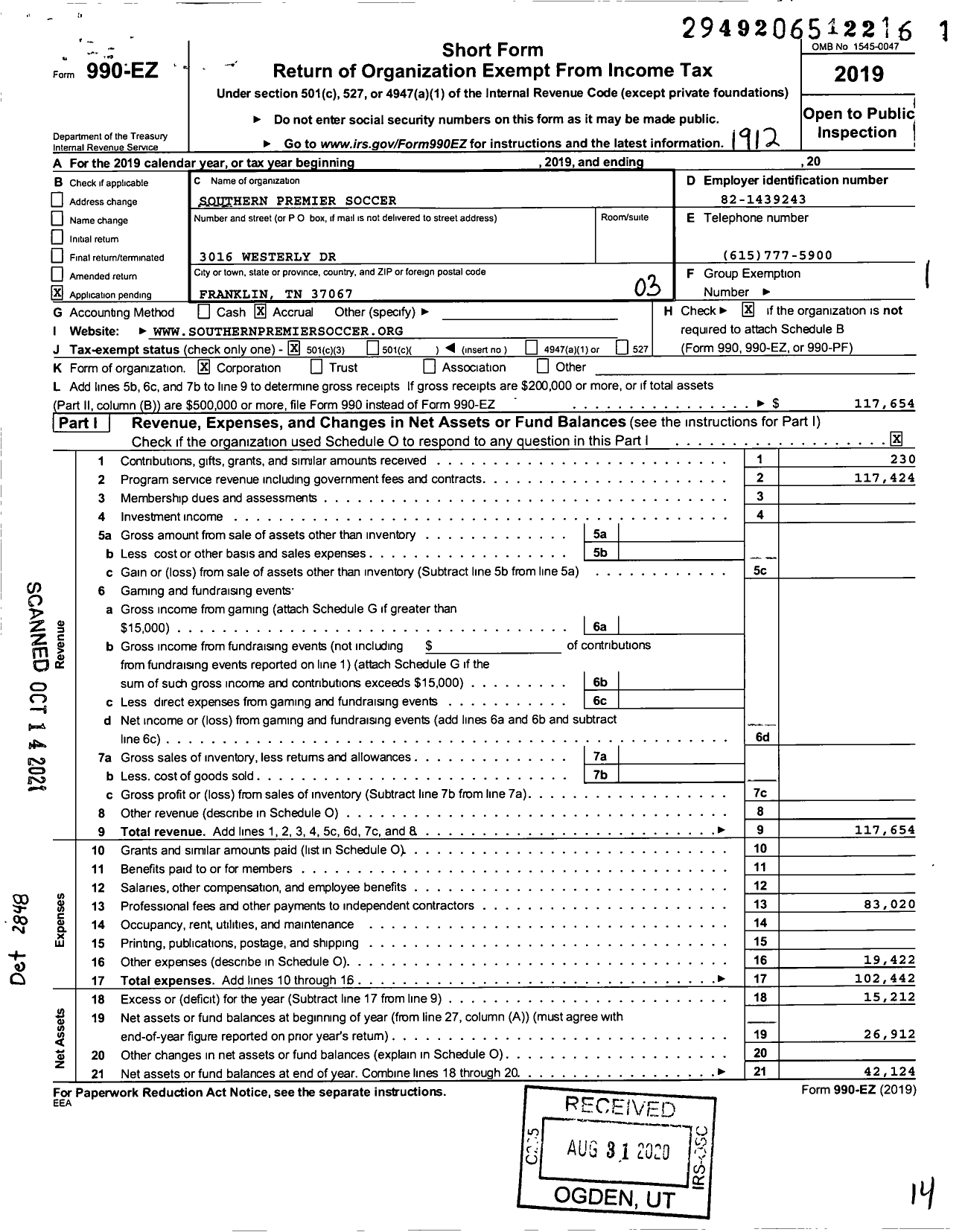 Image of first page of 2019 Form 990EZ for Southern Premier Soccer