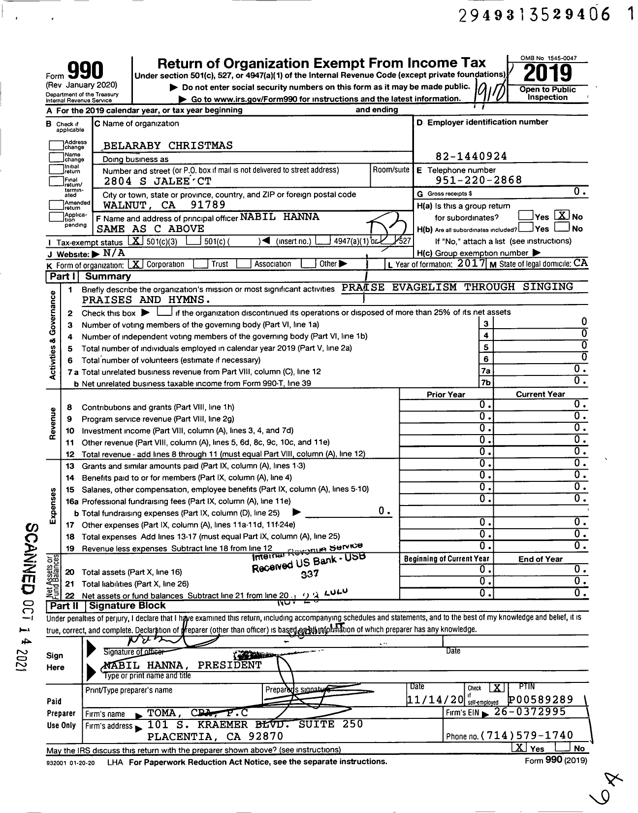 Image of first page of 2019 Form 990 for Belaraby Christmas