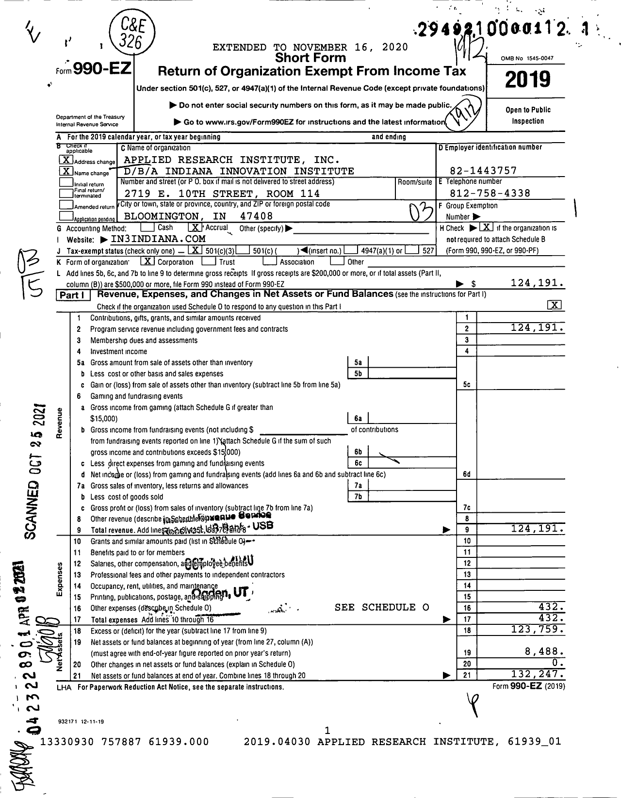Image of first page of 2019 Form 990EZ for Indiana Innovation Institute