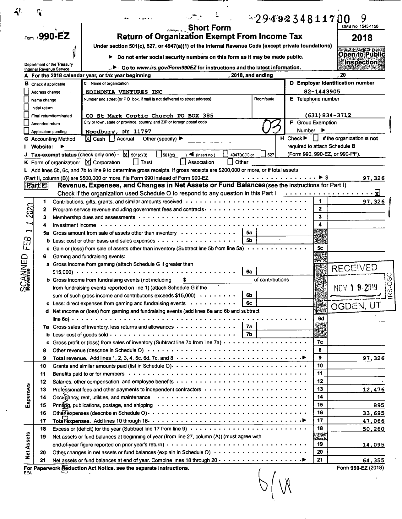 Image of first page of 2018 Form 990EZ for Koinonia Ventures