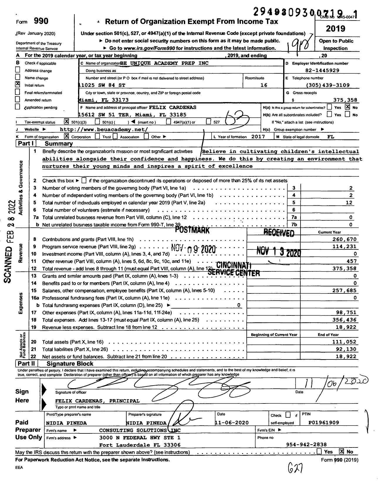 Image of first page of 2019 Form 990 for Be Unique Academy Prep