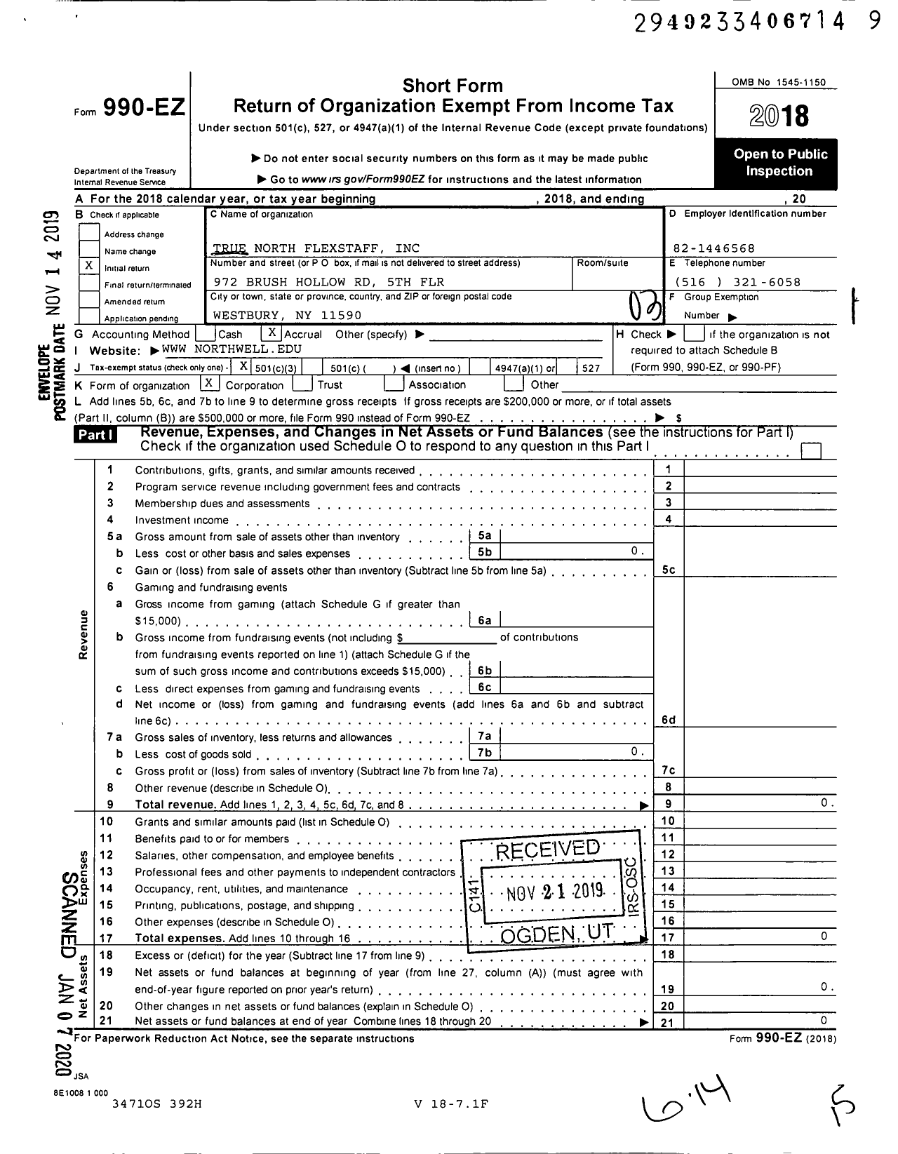 Image of first page of 2018 Form 990EZ for True North Flexstaff