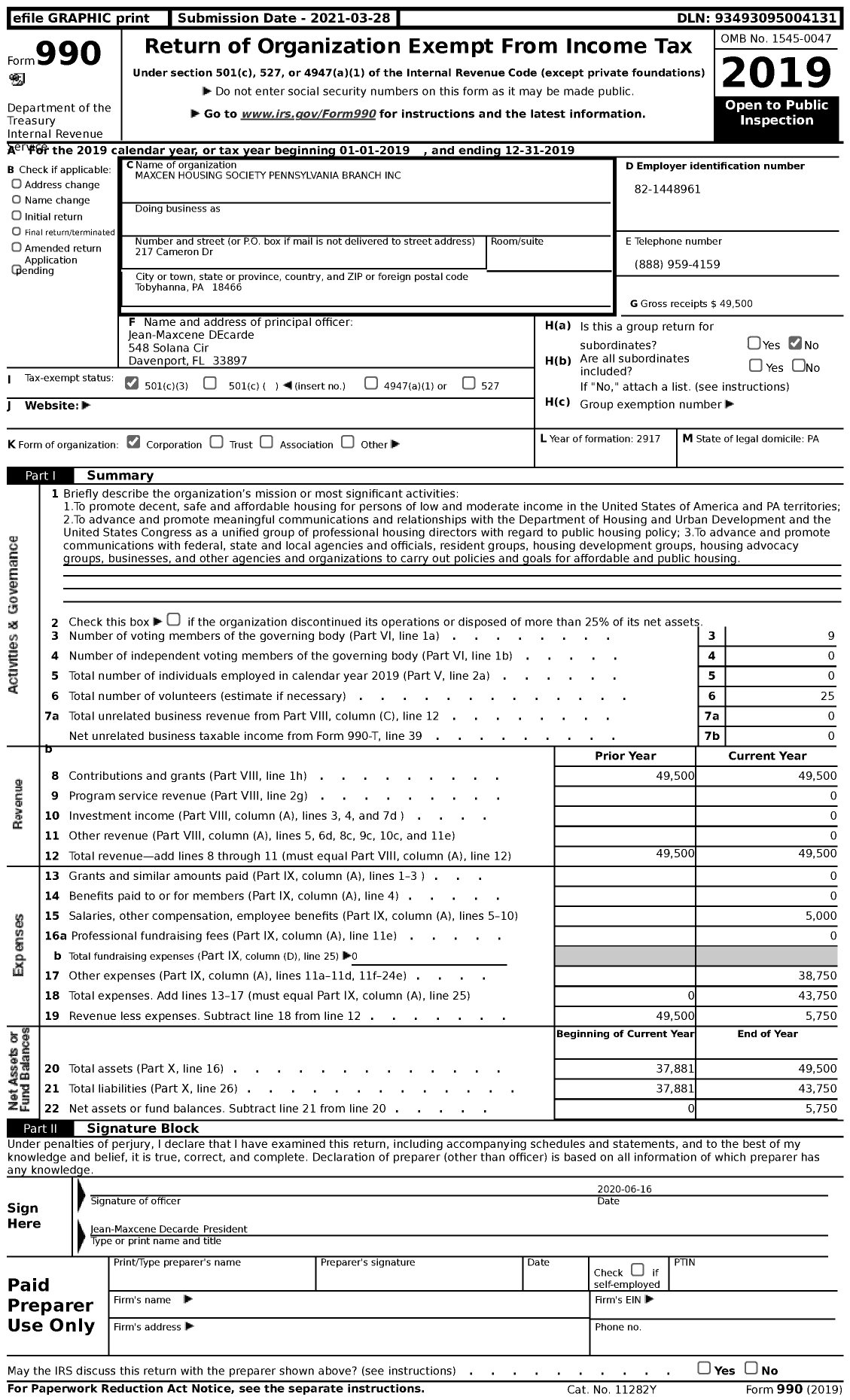 Image of first page of 2019 Form 990 for Maxcen Housing Society Pennsylvania Branch