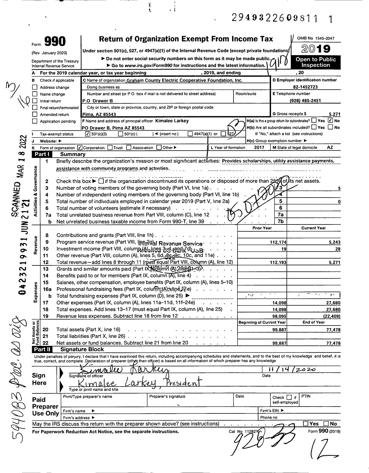 Image of first page of 2019 Form 990 for Graham County Electric Cooperative Foundation