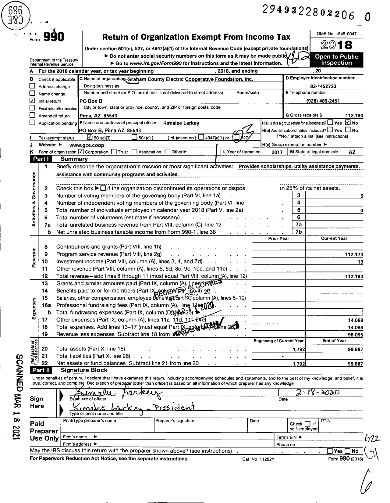 Image of first page of 2018 Form 990 for Graham County Electric Cooperative Foundation