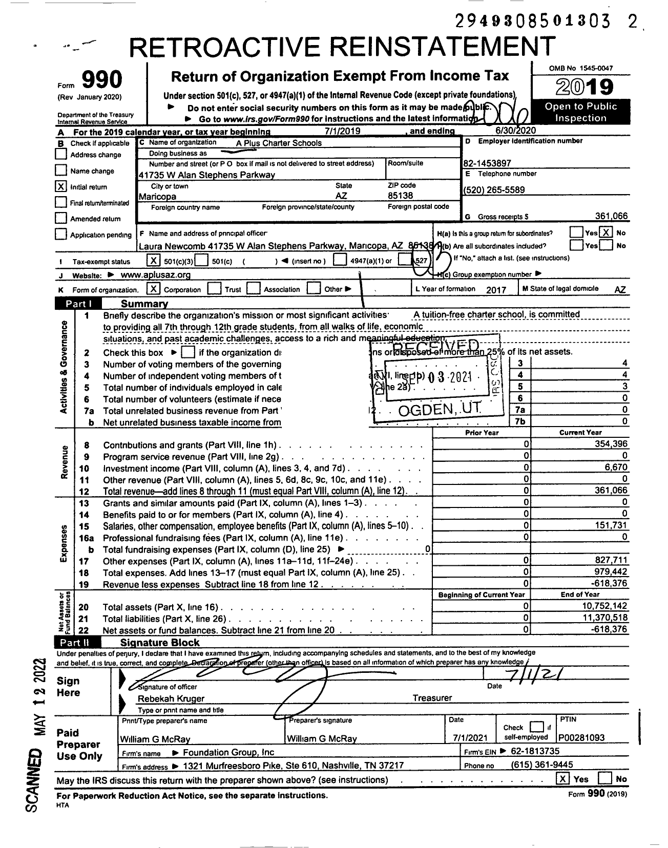 Image of first page of 2019 Form 990 for A Plus Charter Schools