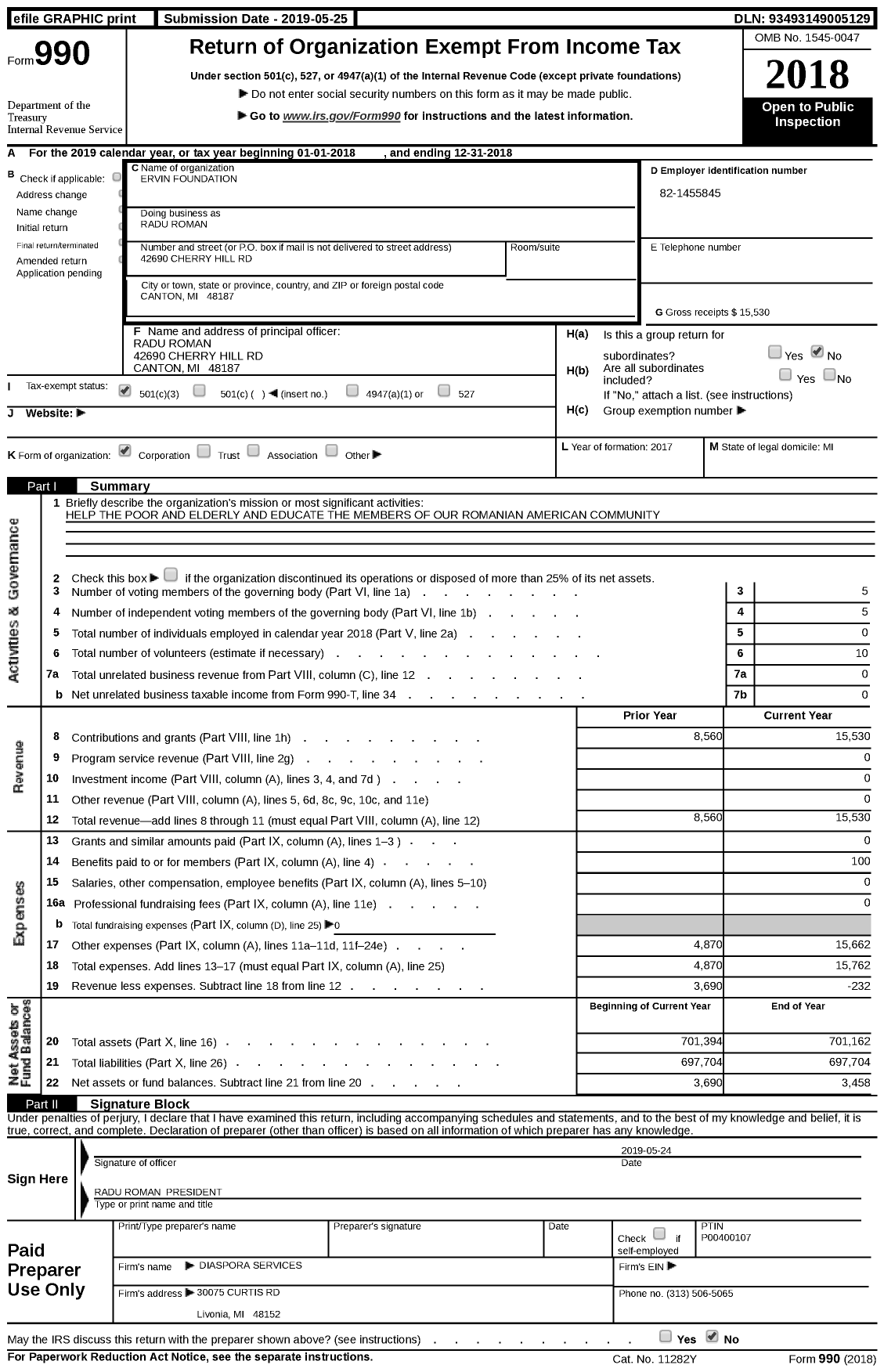 Image of first page of 2018 Form 990 for Ervin Foundation