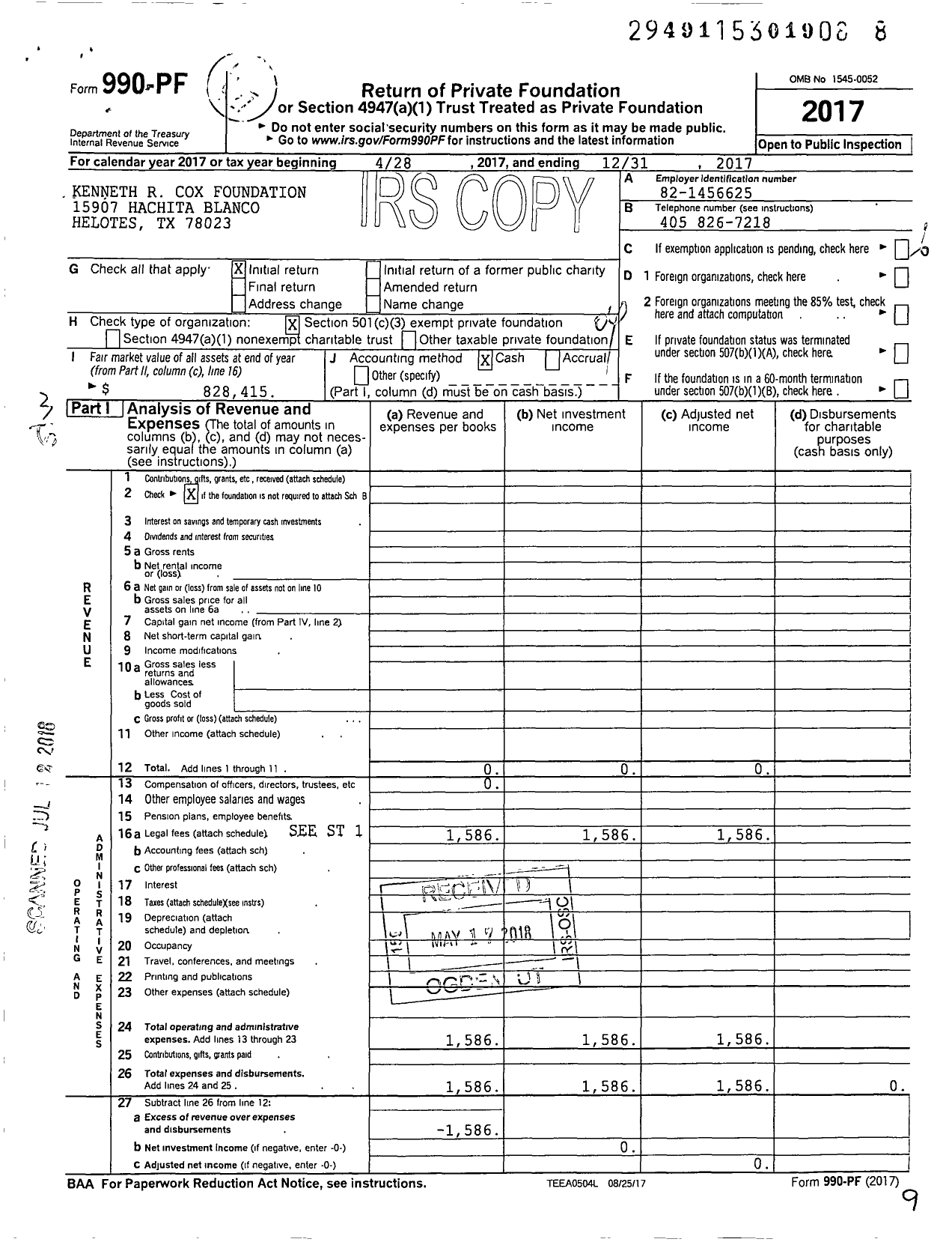 Image of first page of 2017 Form 990PF for Kenneth R Cox Foundation