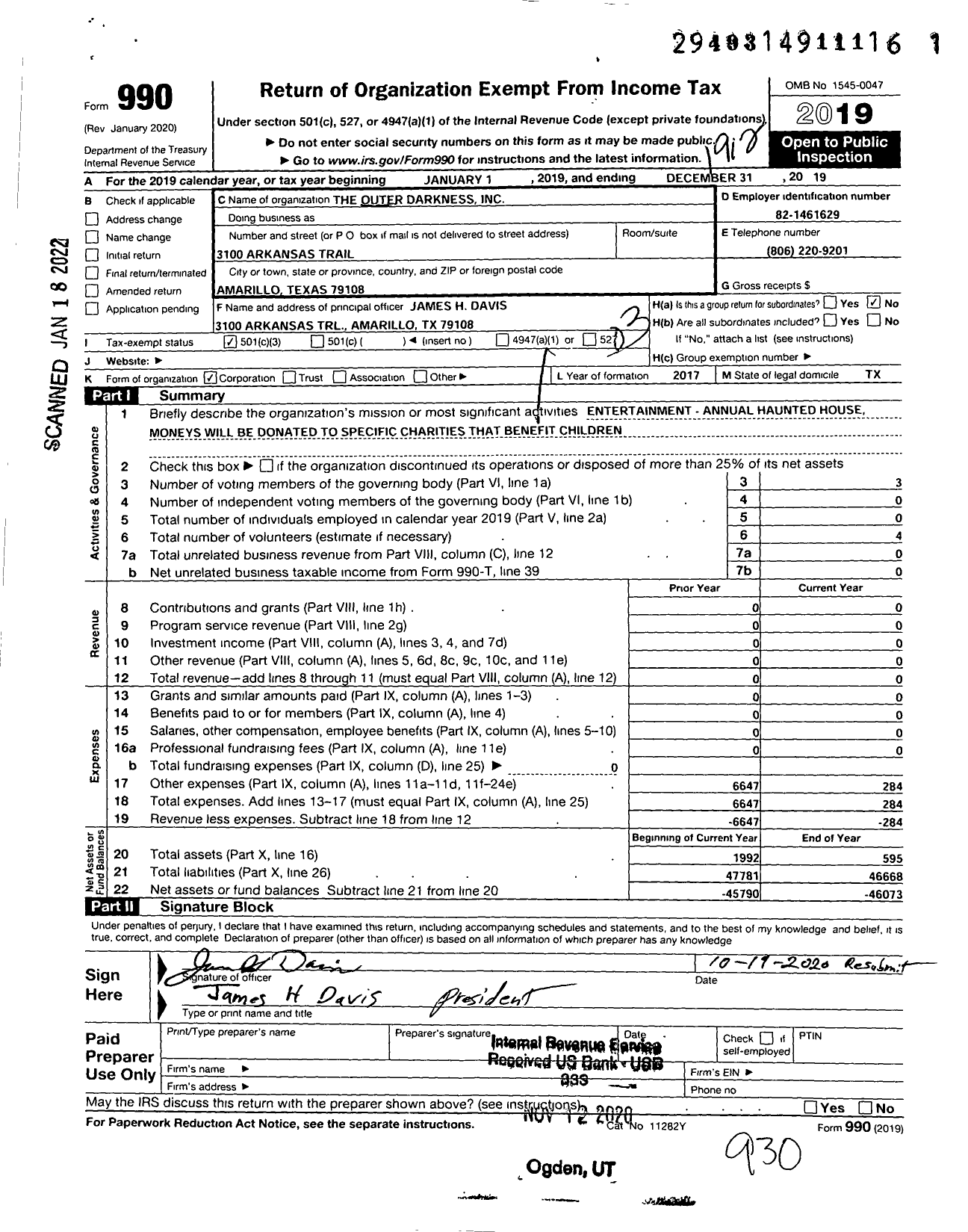 Image of first page of 2019 Form 990 for Outer Darkness