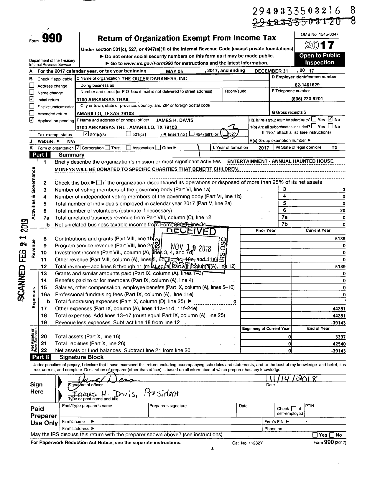 Image of first page of 2017 Form 990 for Outer Darkness