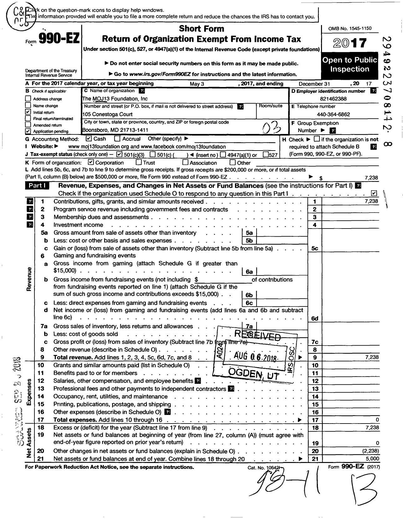 Image of first page of 2017 Form 990EZ for Moj13 Foundation