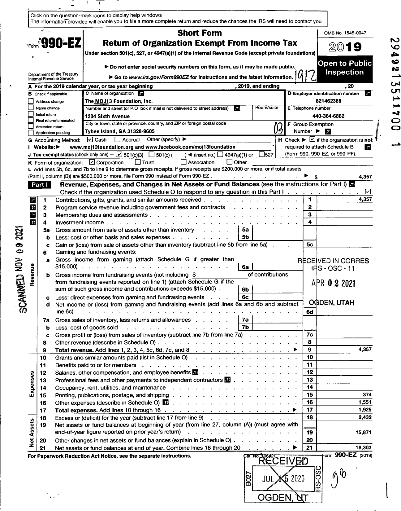 Image of first page of 2019 Form 990EZ for Moj13 Foundation