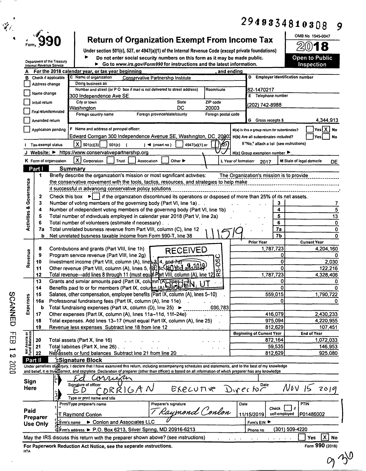 Image of first page of 2018 Form 990 for Conservative Partnership Institute