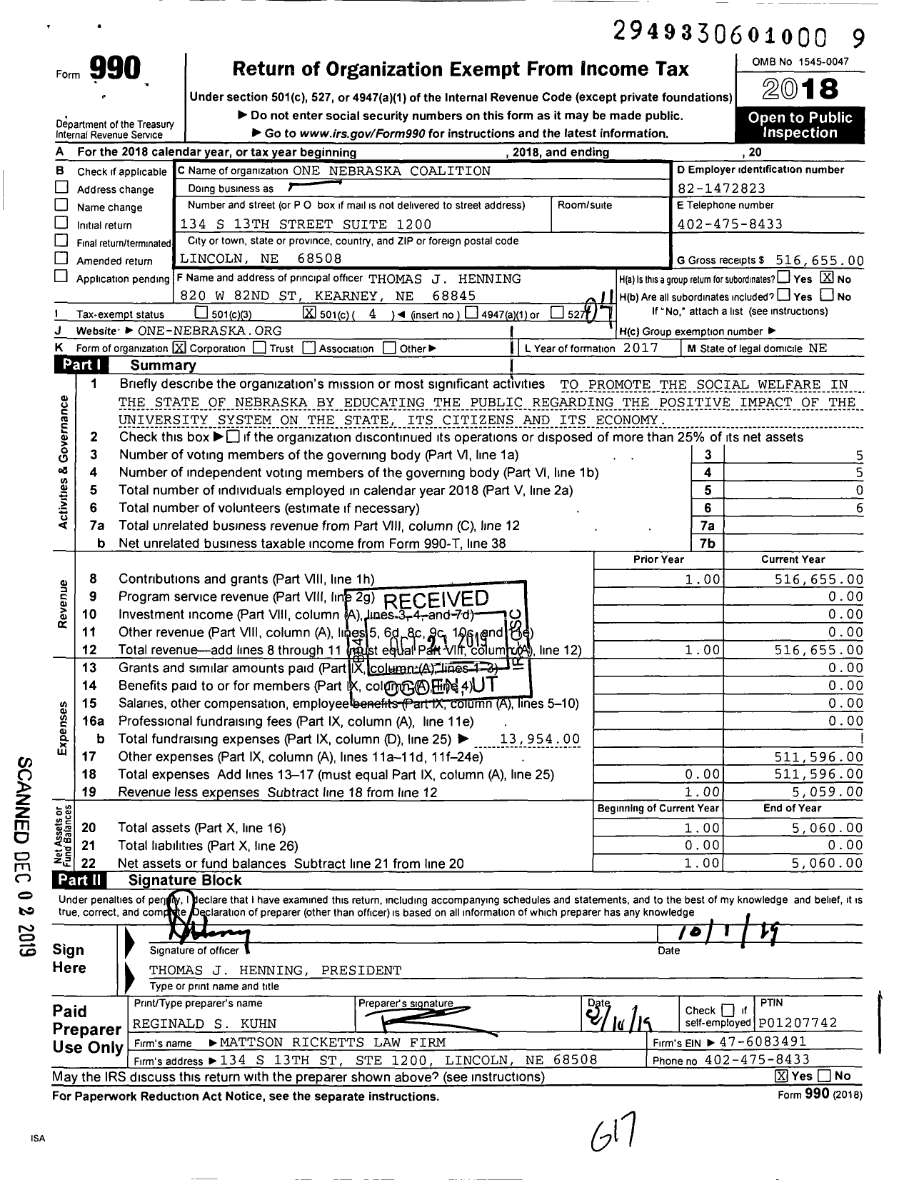 Image of first page of 2018 Form 990O for One Nebraska Coalition