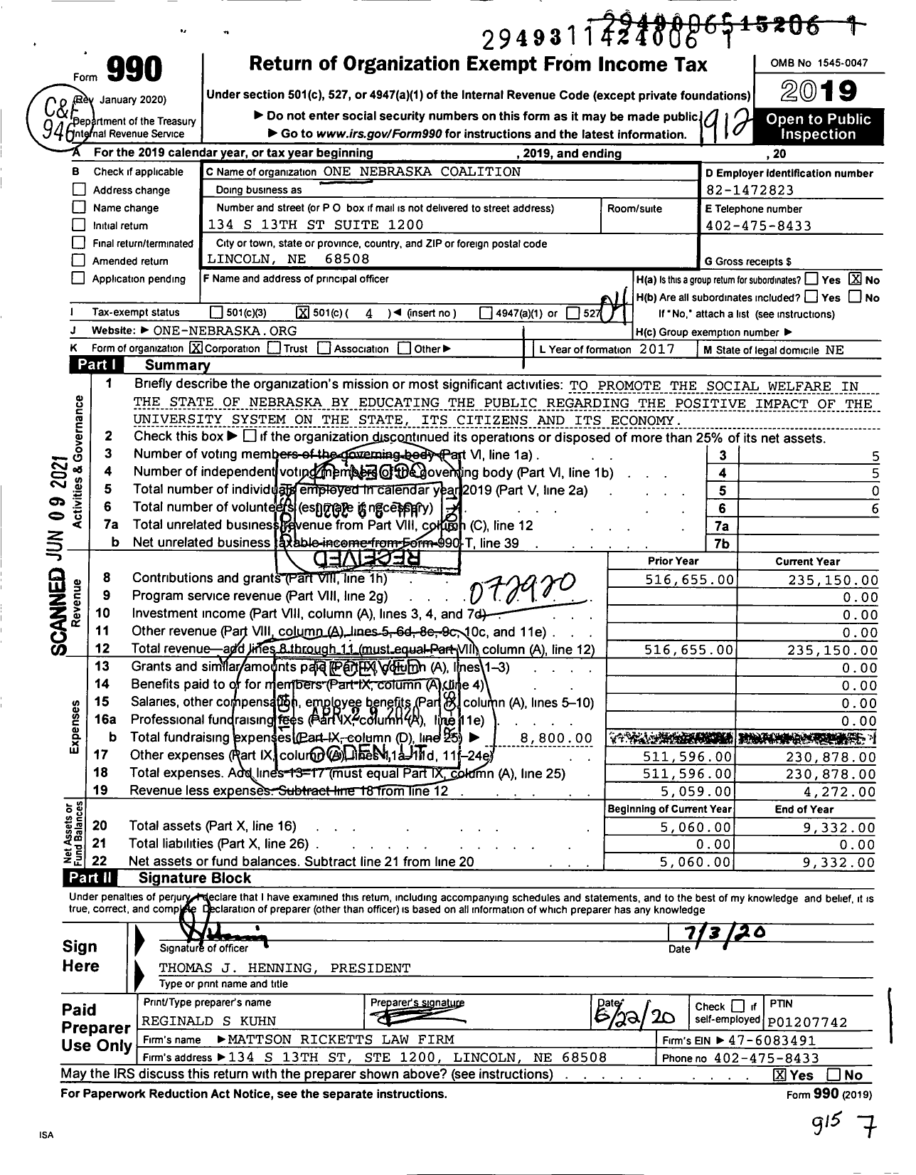 Image of first page of 2019 Form 990O for One Nebraska Coalition