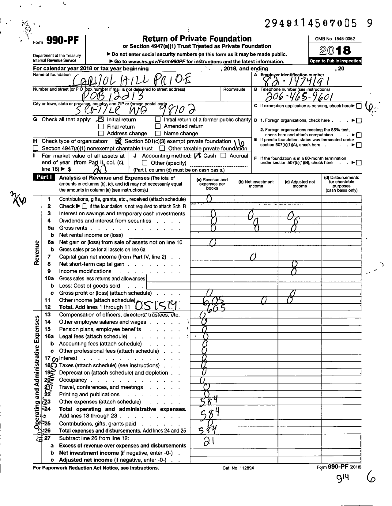 Image of first page of 2018 Form 990PF for Capitol Hill Pride