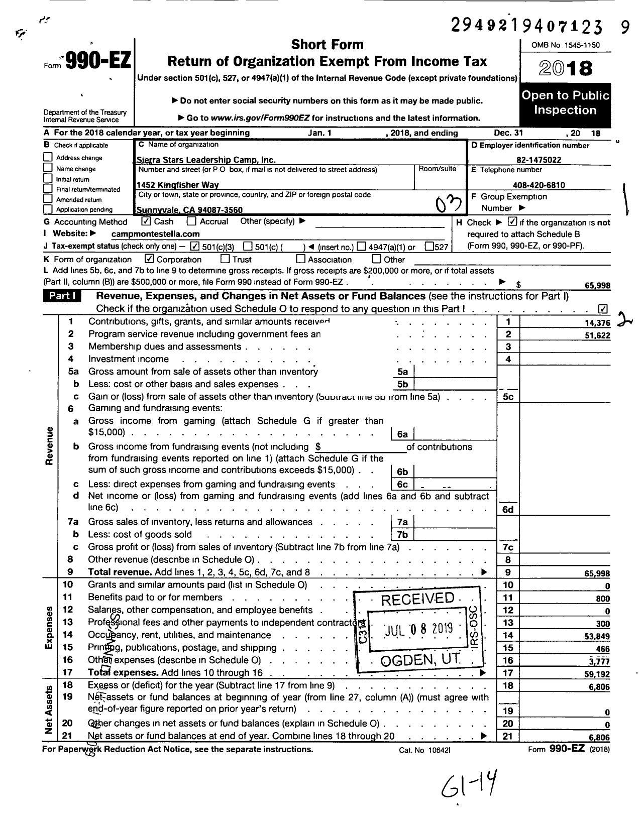 Image of first page of 2018 Form 990EZ for Stellar LEADERSHIP