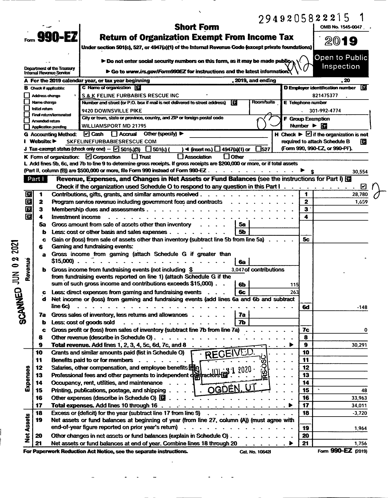 Image of first page of 2019 Form 990EZ for S K Feline Furbabies Rescue