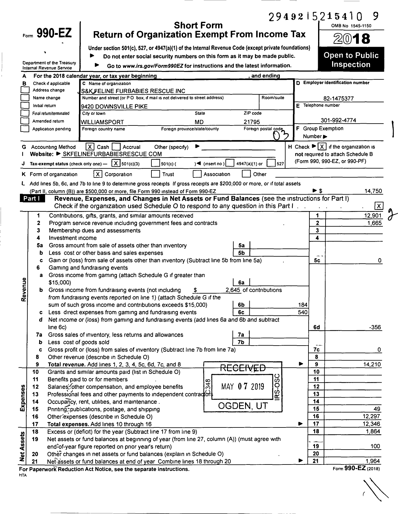 Image of first page of 2018 Form 990EZ for S K Feline Furbabies Rescue
