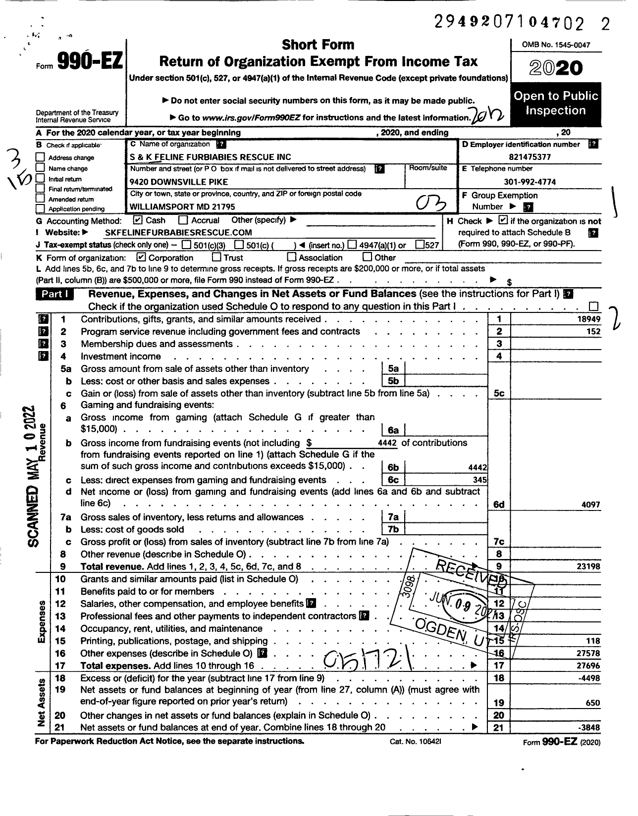 Image of first page of 2020 Form 990EZ for S K Feline Furbabies Rescue