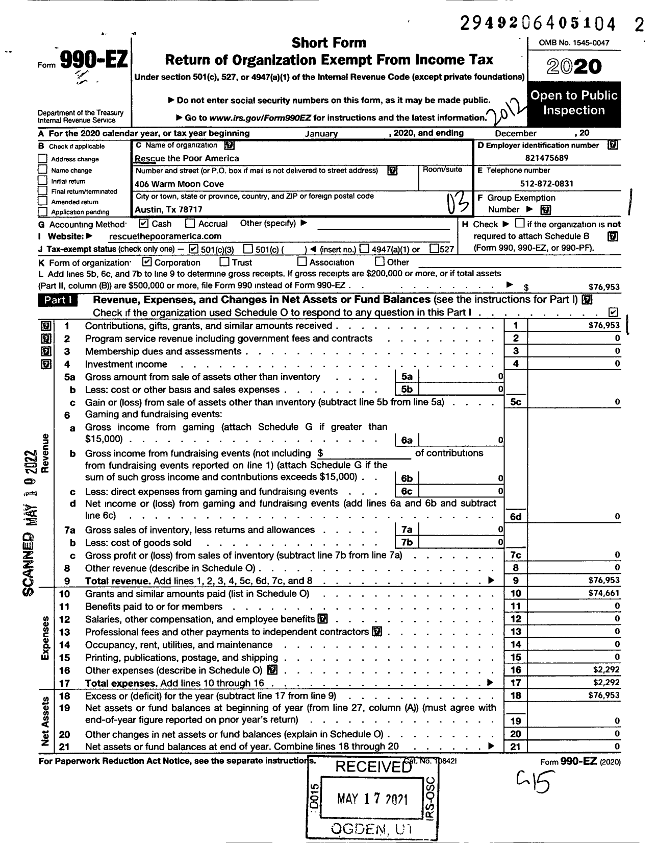 Image of first page of 2020 Form 990EZ for Rescue the Poor America